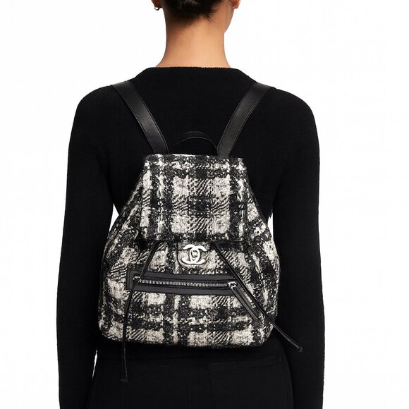Chanel small black white nylon tweed printed backpack - Picture 1 of 11